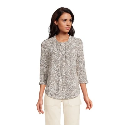 Lands' End Women's 3/4 Sleeve Light Weight Jersey Ruffle Neck Pintuck Top 1 Lands' End Women's 3/4 Sleeve Light Weight Jersey Ruffle Neck Pintuck Top