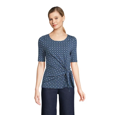 Lands' End Women's Elbow Sleeve Lightweight Jersey Tie Front Top 1 Lands' End Women's Elbow Sleeve Lightweight Jersey Tie Front Top