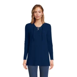 Lands' End Women's Long Sleeve Waffle Knit Lace Up Tunic