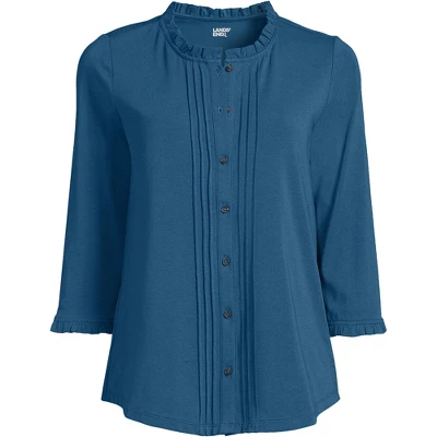 Lands' End Women's 3/4 Sleeve Light Weight Jersey Ruffle Neck Pintuck Top 4 Lands' End Women's 3/4 Sleeve Light Weight Jersey Ruffle Neck Pintuck Top - Image 4