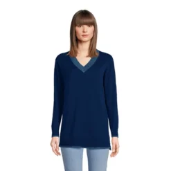 Lands' End Women's Fine Gauge Cotton V-Neck Pullover Tunic Sweater - Stripe -Lands' End Store GUEST a5985108 d1bb 4c3f 8d03 a88ada254027