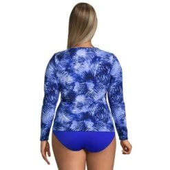 Lands' End Women's Plus Size Long Crew Neck Long Sleeve Rash Guard UPF 50 Sun Protection Modest Swim Tee