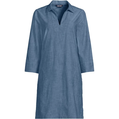 Lands' End Women's Cotton Poplin 3/4 Sleeve Split Neck Dress 3 Lands' End Women's Cotton Poplin 3/4 Sleeve Split Neck Dress - Image 3