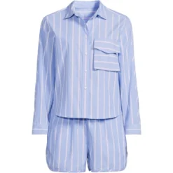 Lands' End Women's Cotton Poplin 2 Piece Pajama Set - Long Sleeve Top And Shorts With Piping -Lands' End Store GUEST baffc96b efb1 4176 bebf cfc59f3fcbcb