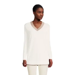 Lands' End Women's Fine Gauge Cotton V-Neck Pullover Tunic Sweater - Stripe -Lands' End Store GUEST bf6c5a78 d278 434c 8dcd 6e2709b24110