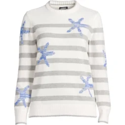 Lands' End Women's Cotton Drifter Crew Neck Sweater - Embroidered