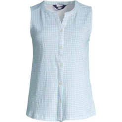 Lands' End Women's Knit Crinkle Knit Button Front Tank - Small - Light Blue Radiance Check